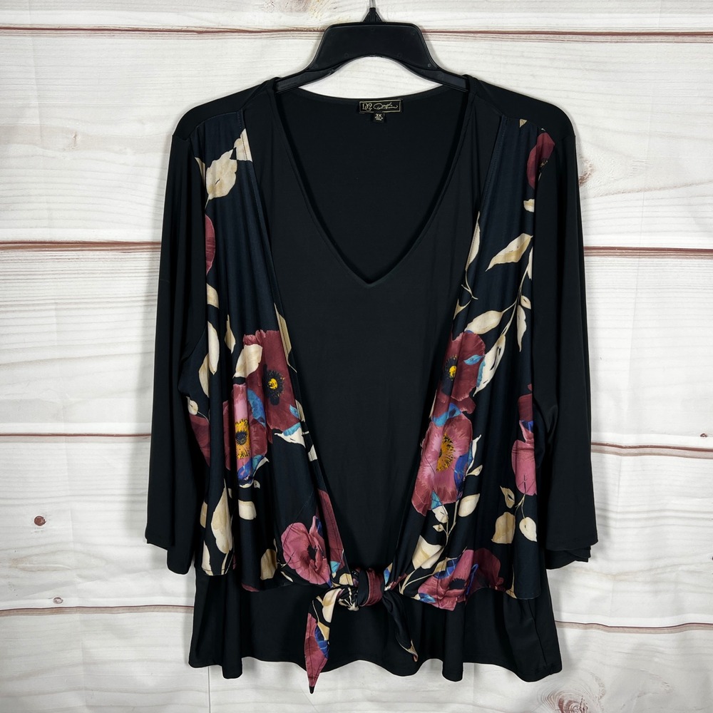 DG2 Diane Gilman Blouse Womens 3X Black Floral Tie Front Layered V-Neck Top Knit
